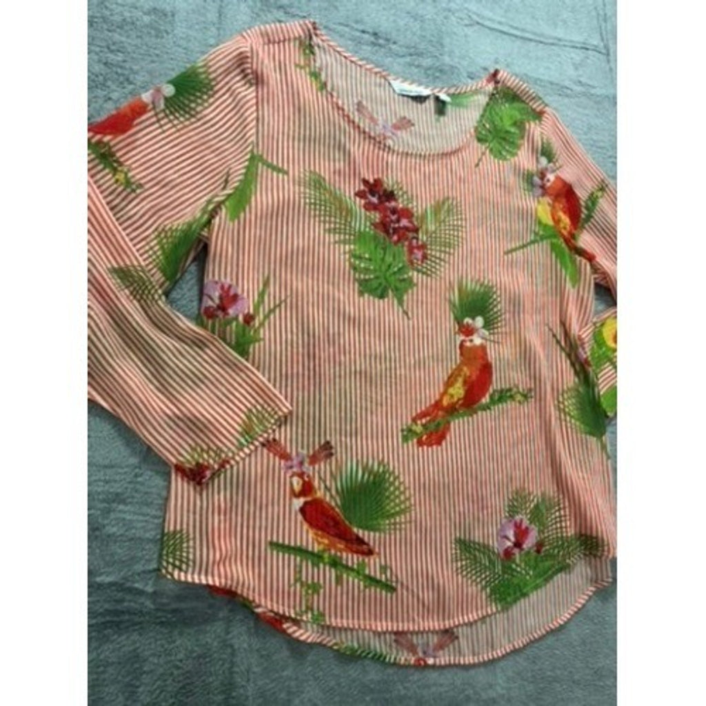 Lemon Way Blouse Womens XL Tropical Parrot Striped Long Sleeve Orange Green Top
