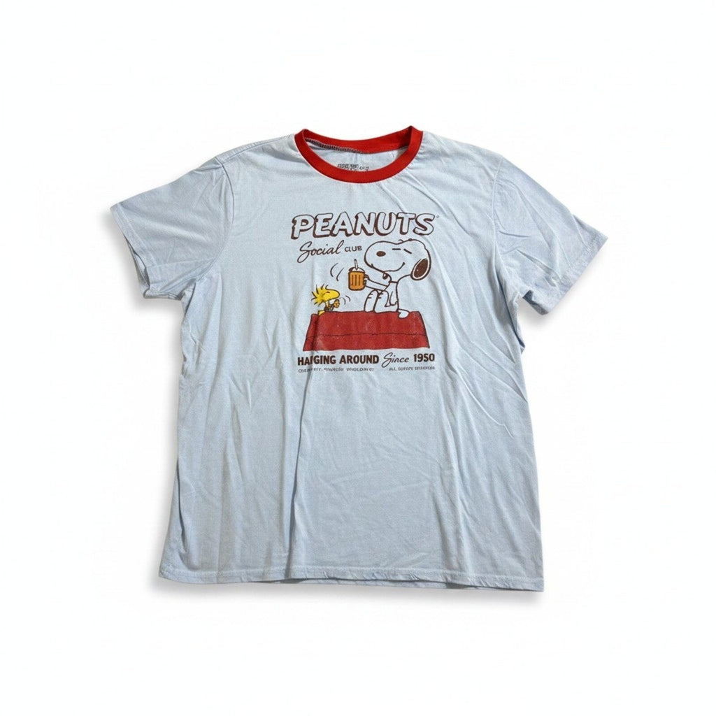 Peanuts Women XXL Lt Blue Snoopy Woodstock Ringer T-Shirt Casual Vintage Style