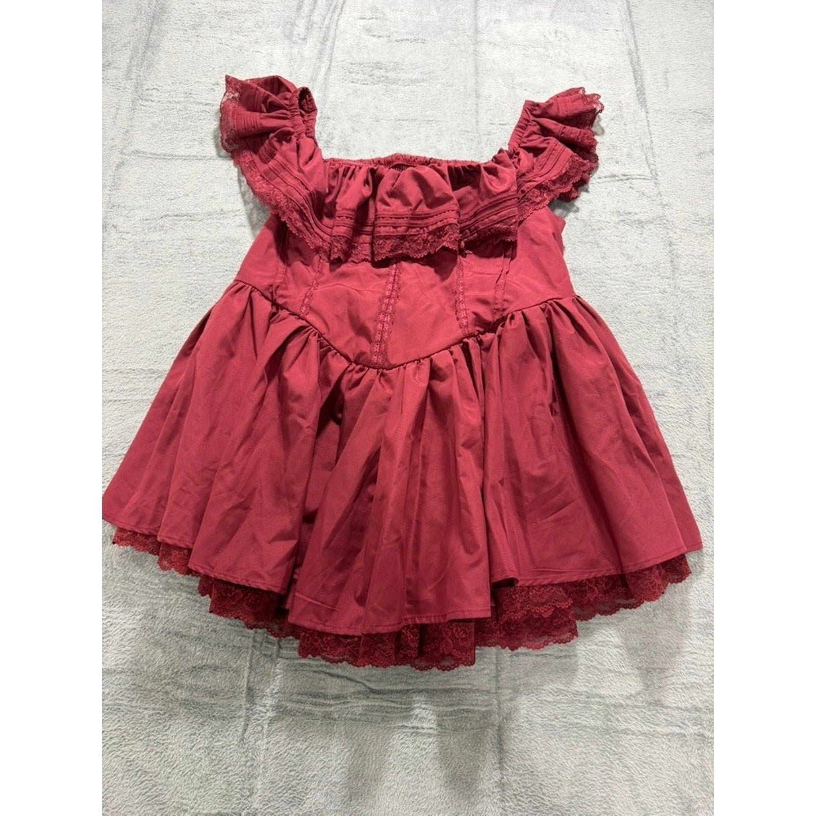 Burgundy Cottagecore Off Shoulder Lace Ruffle Mini Dress Smocked 4XL Wine Red