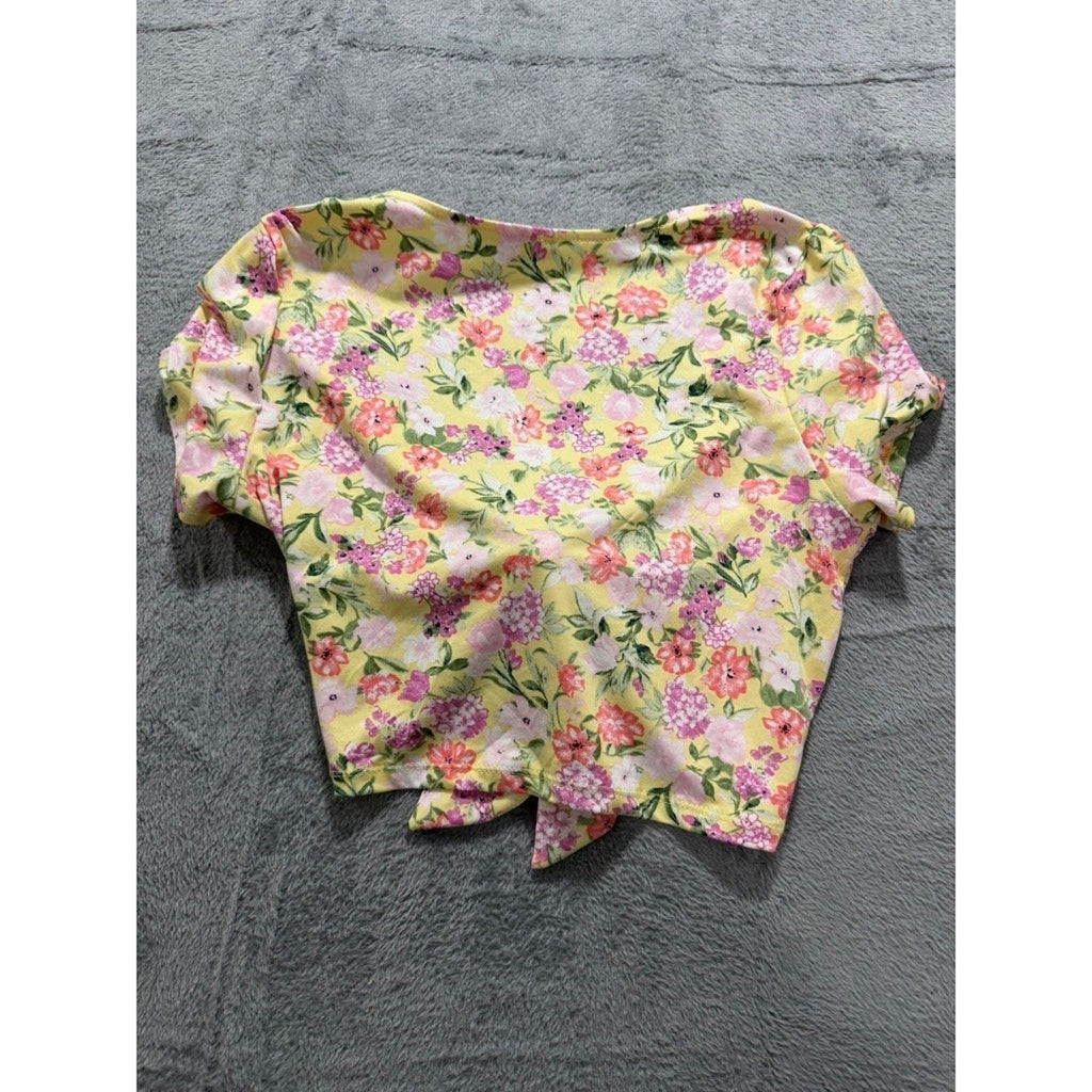 Haute Monde Womens Yellow Floral Tie Front Crop Top V-Neck Short Sleeve Large