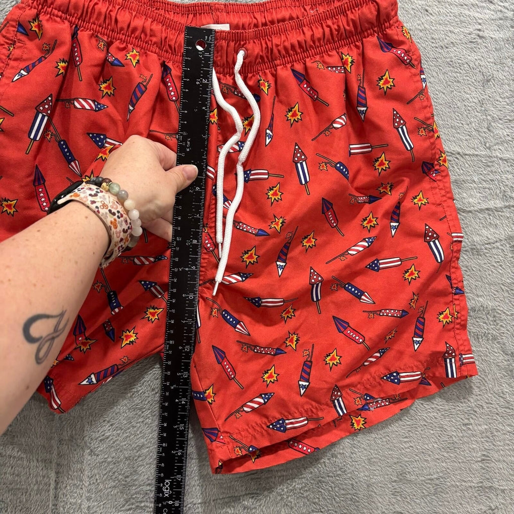 Way To Celebrate! M Red Fireworks Patriotic Swim Trunks Vintage Casual