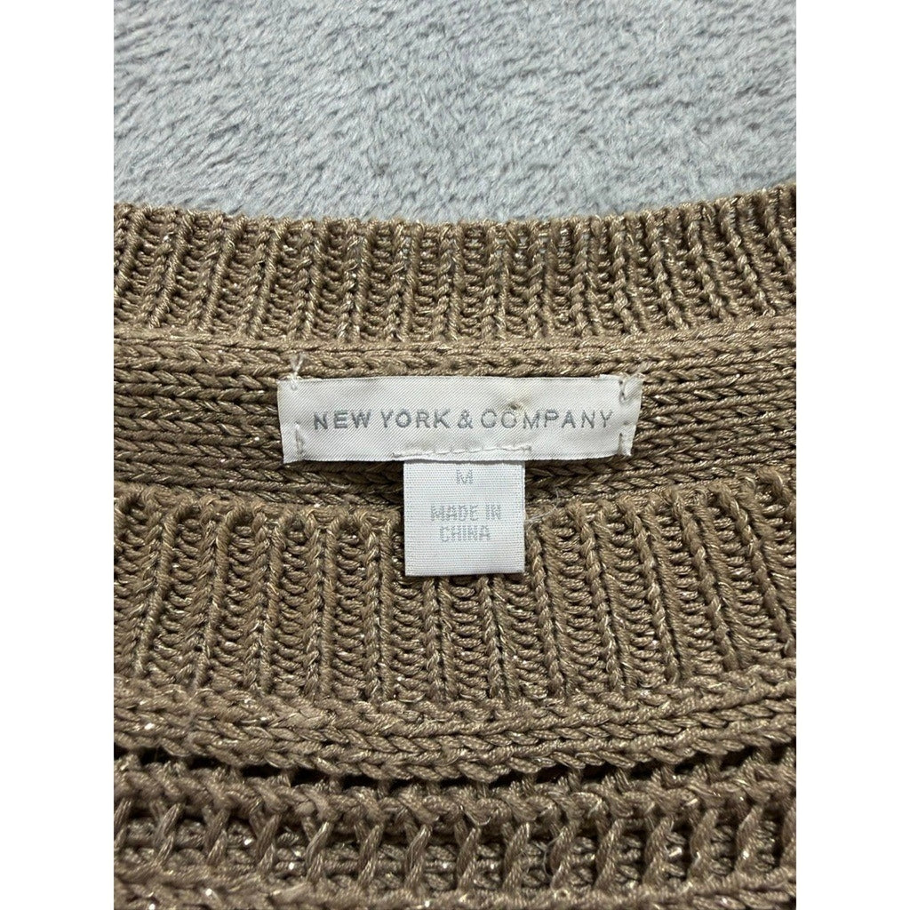 New York & Company Sweater Top Womens M Beige Open Knit Short Sleeve Metallic