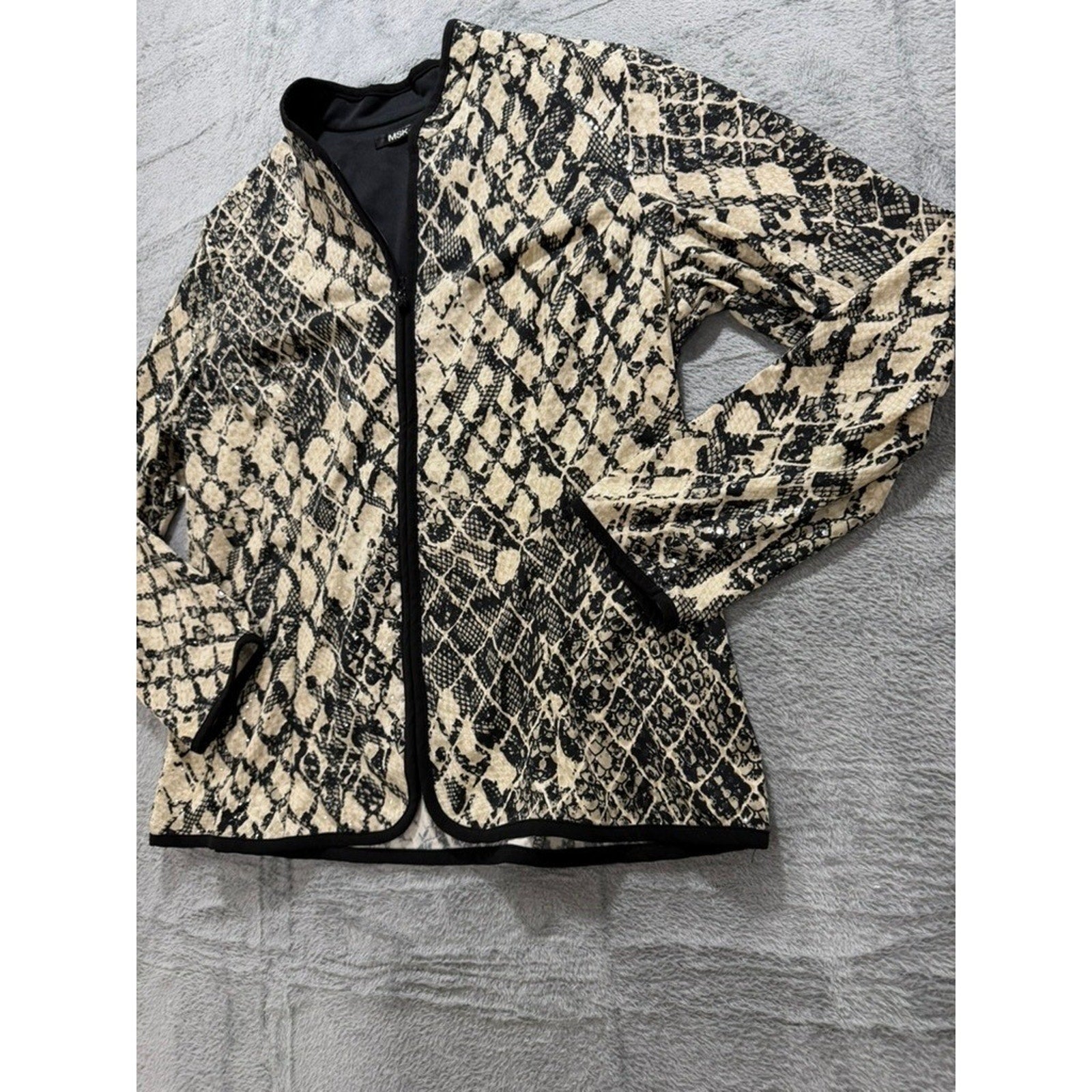 MSK Womens Snakeskin Print Sequin Zip Front Jacket Tan Black Animal Print XL