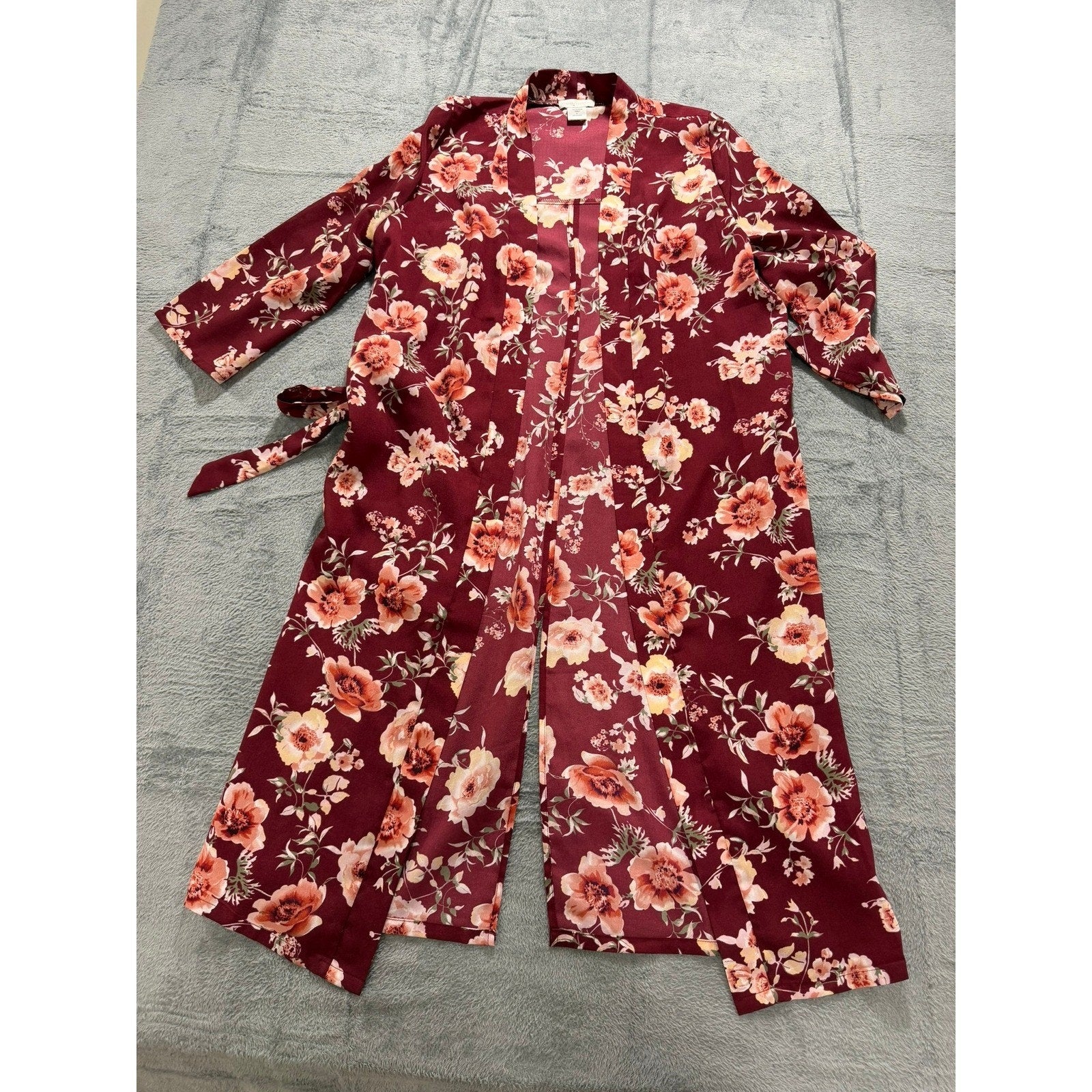 New York & Company Kimono Womens S Red Floral Duster Belted Boho