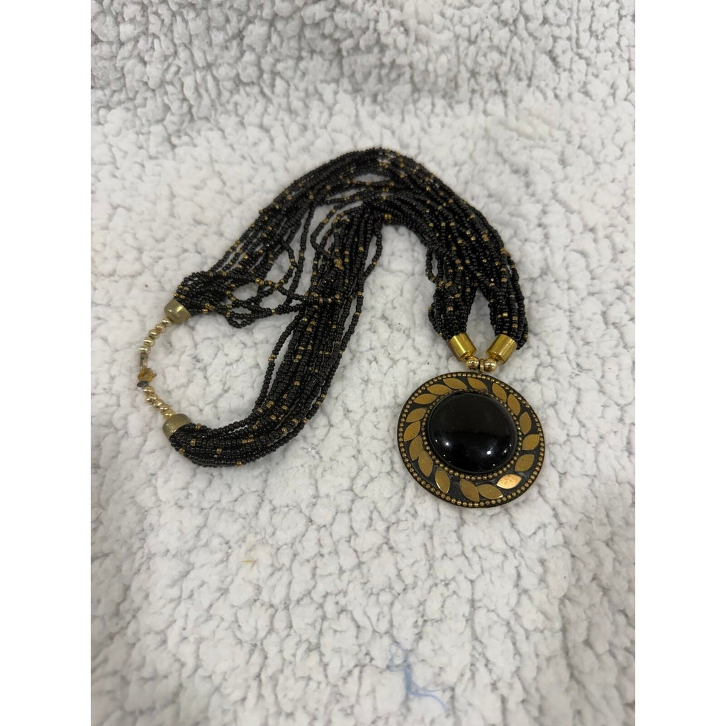 Womens OS Black Gold Multi Strand Seed Bead Statement Necklace Vintage Boho
