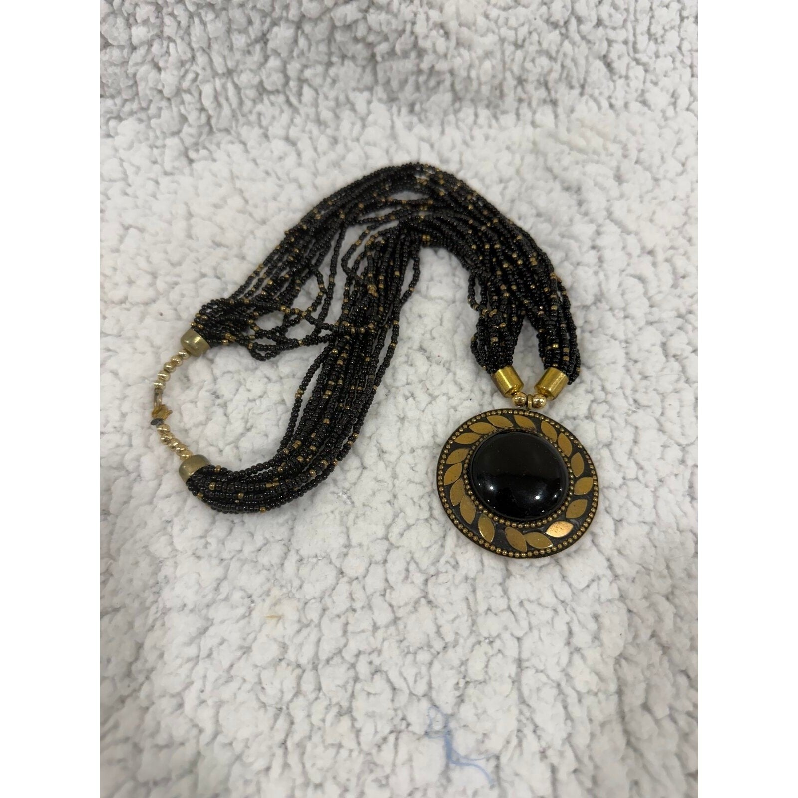 Womens OS Black Gold Multi Strand Seed Bead Statement Necklace Vintage Boho