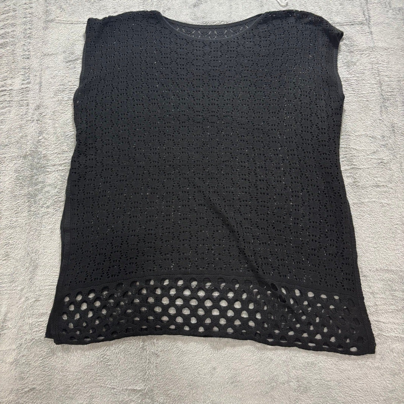 Womens XL Black Crochet Knit Sleeveless Sweater Vest Top Open Weave Boho