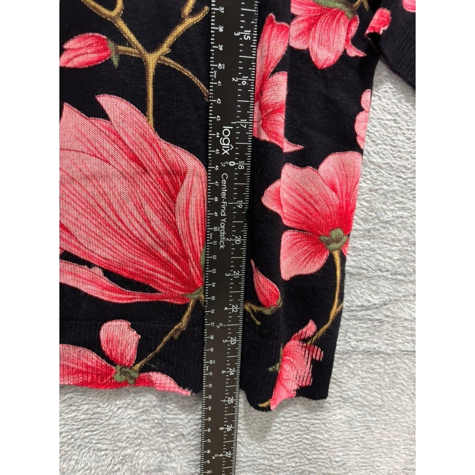 Emily Daniels Sweater Women PXL Black Pink Floral Knit 3/4 Sleeve Acrylic
