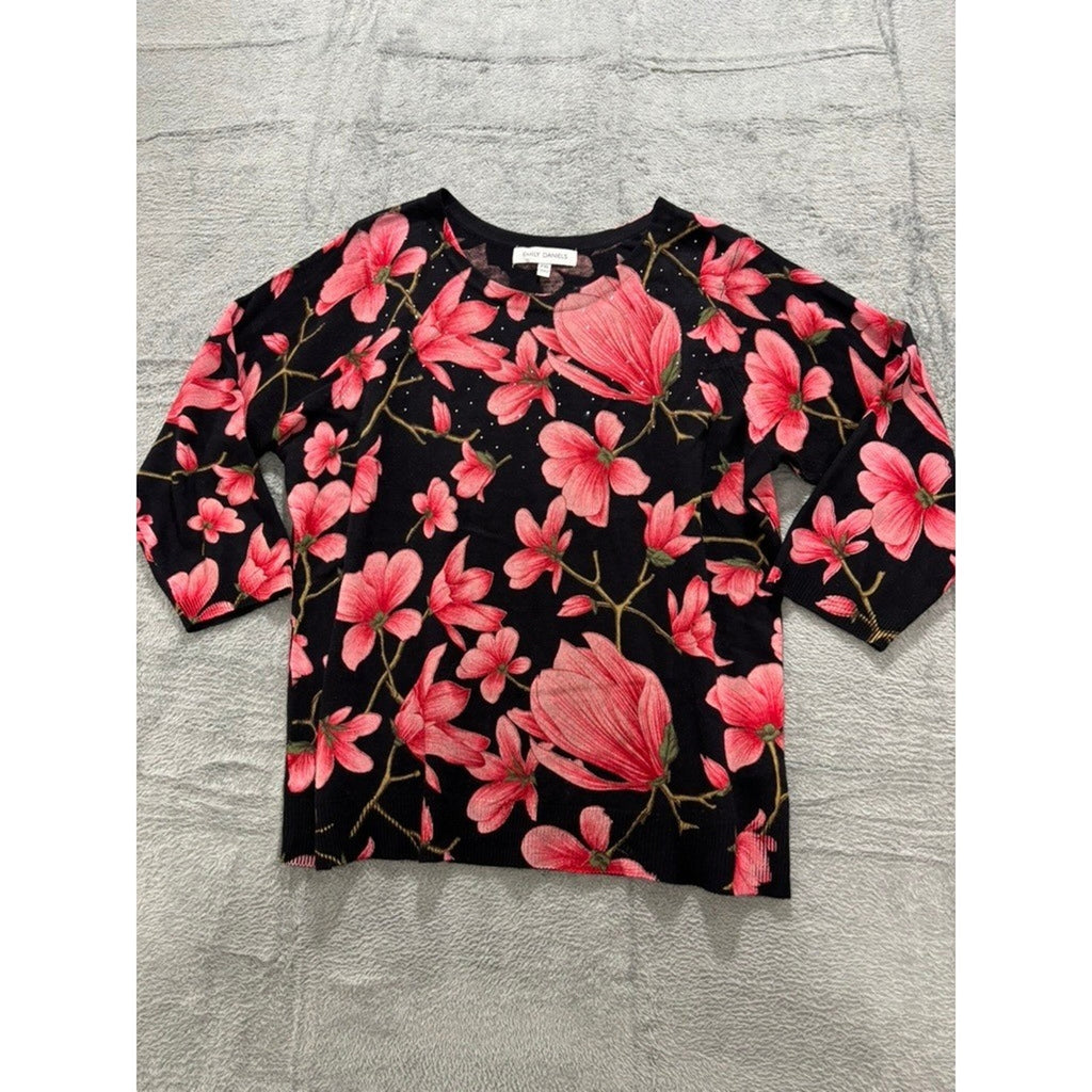 Emily Daniels Sweater Women PXL Black Pink Floral Knit 3/4 Sleeve Acrylic