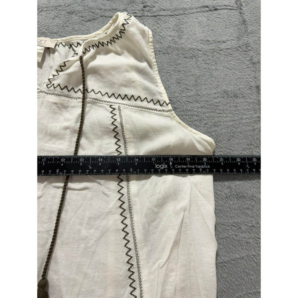 LOFT Outlet Women White Embroidered Tassel Boho Sleeveless Top Olive Green L