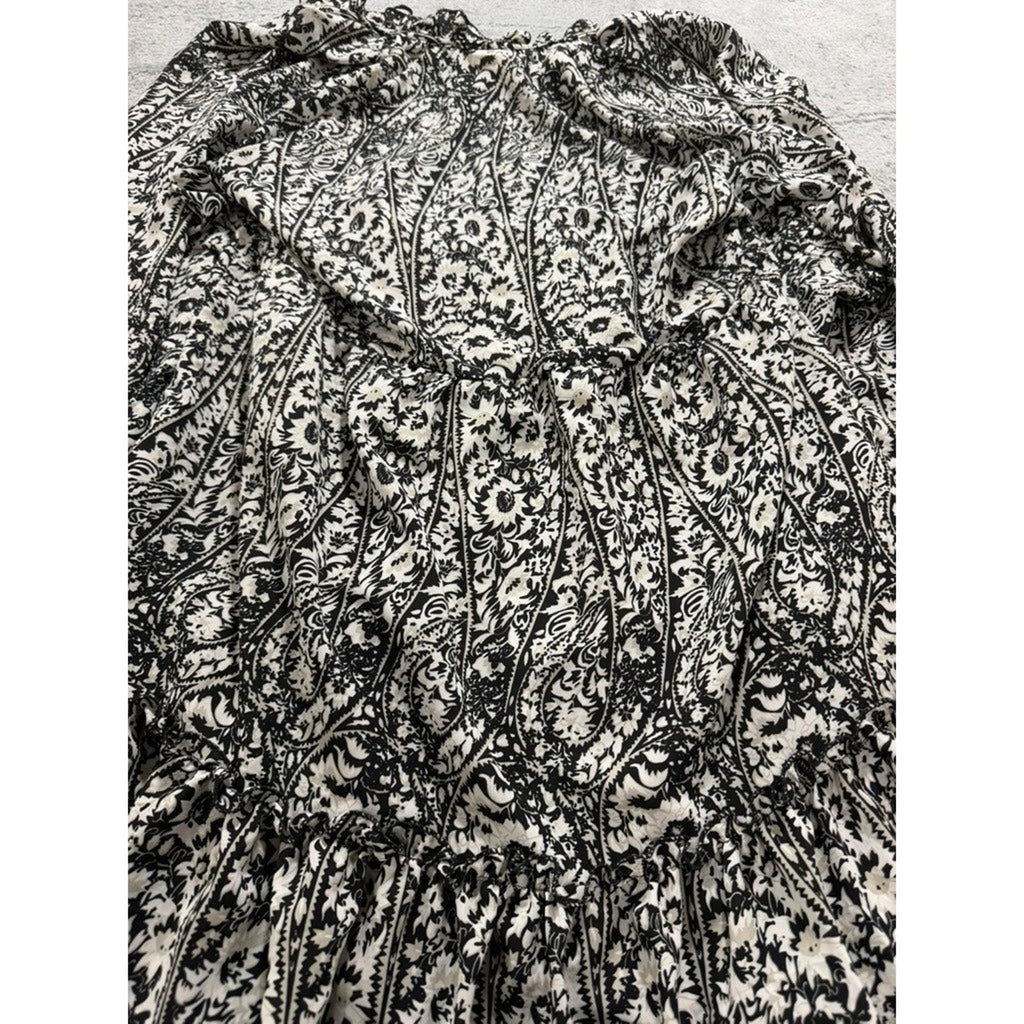 Made with Love Black White Paisley Floral Tiered Mini Dress Ruffle Neck LD3944 M