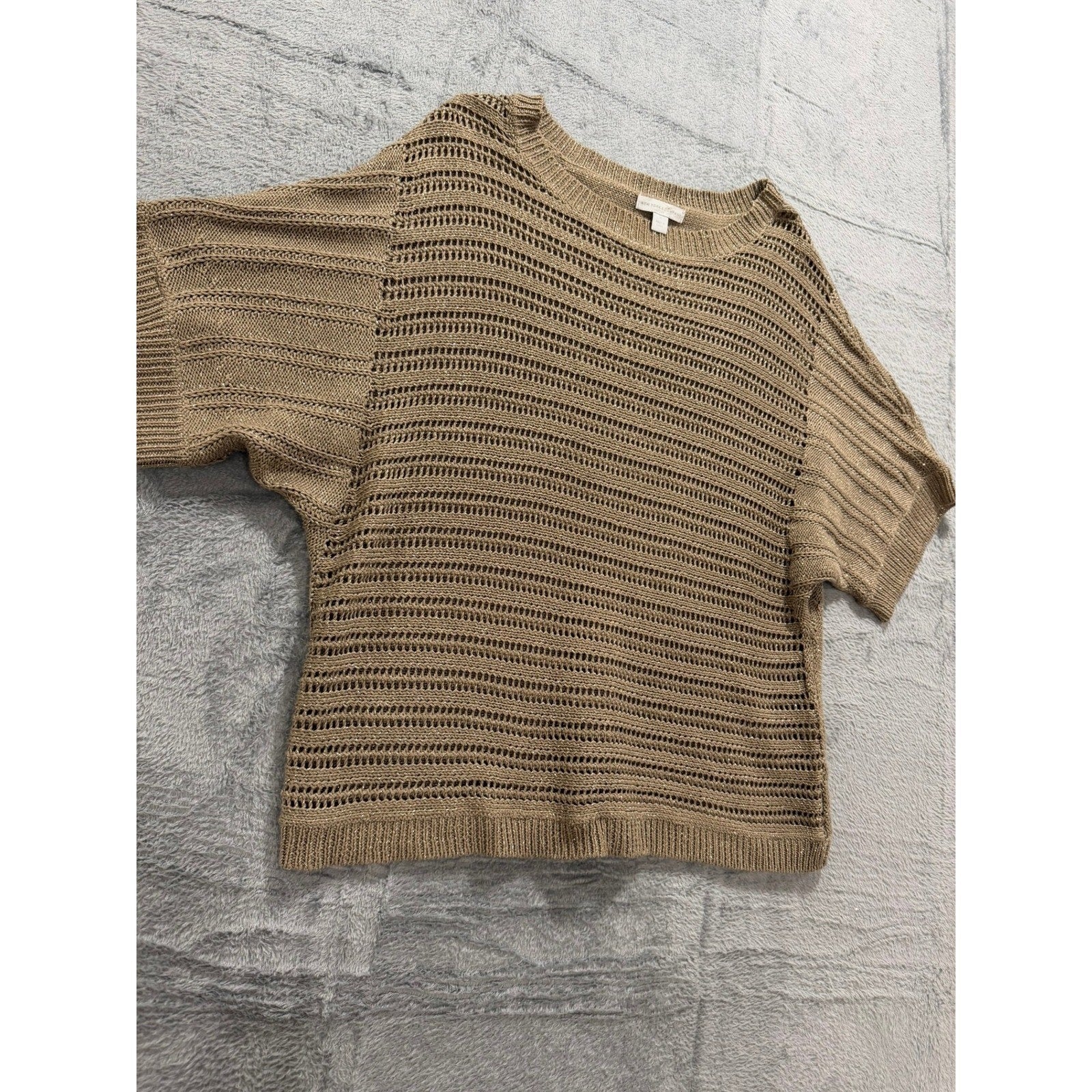 New York & Company Sweater Top Womens M Beige Open Knit Short Sleeve Metallic