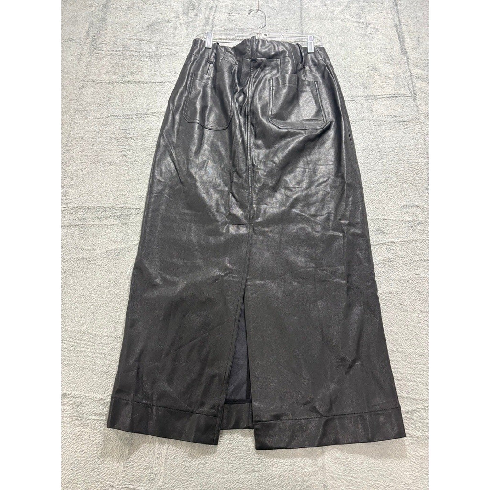 Maeve Anthropologie Black Faux Leather Maxi Skirt High Waisted Patch Pocket M