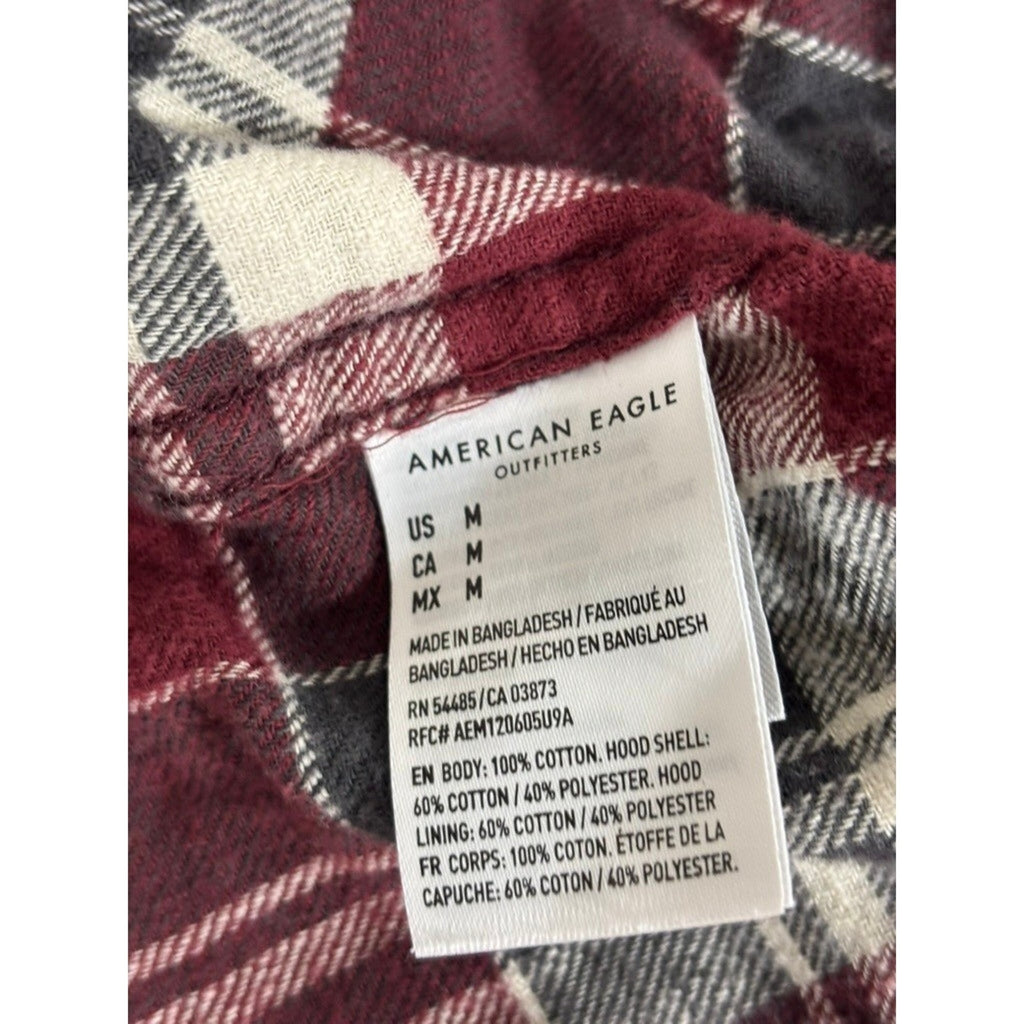 American Eagle M Red Plaid Hooded Flannel Shirt Womens Casual Vintage Style