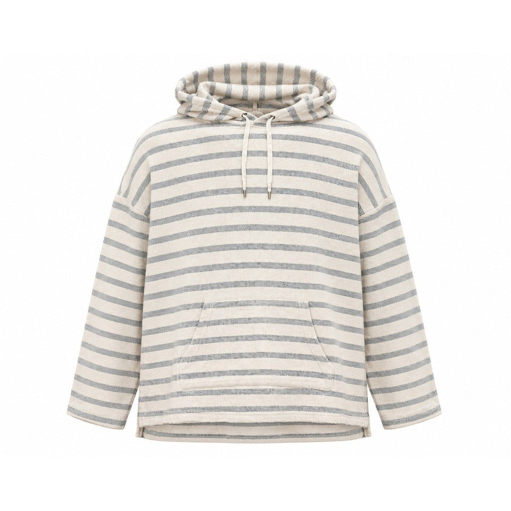 Oversized Striped Knit Hoodie Cream Grey Nautical Kangaroo Pocket Pullover Coast