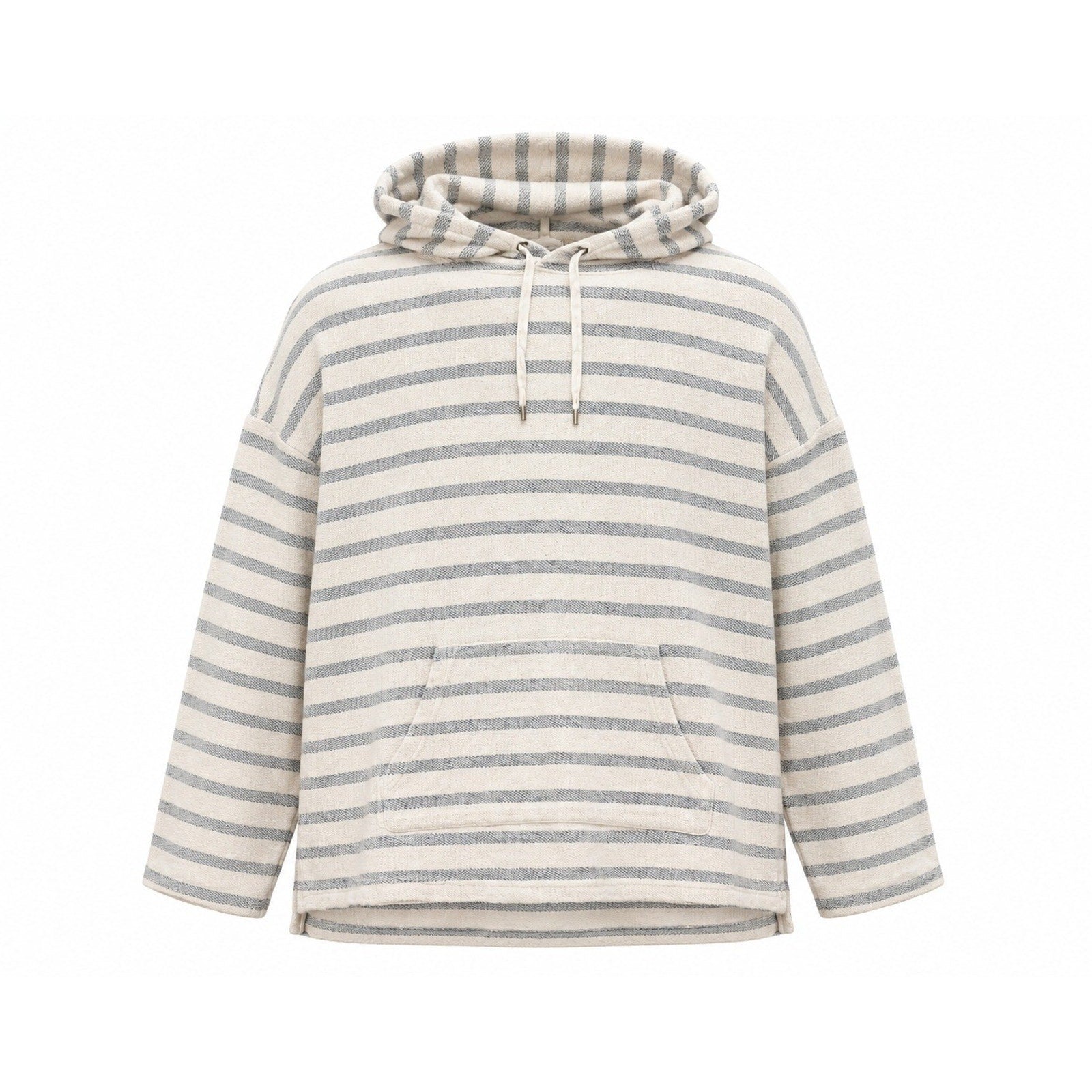 Oversized Striped Knit Hoodie Cream Grey Nautical Kangaroo Pocket Pullover Coast