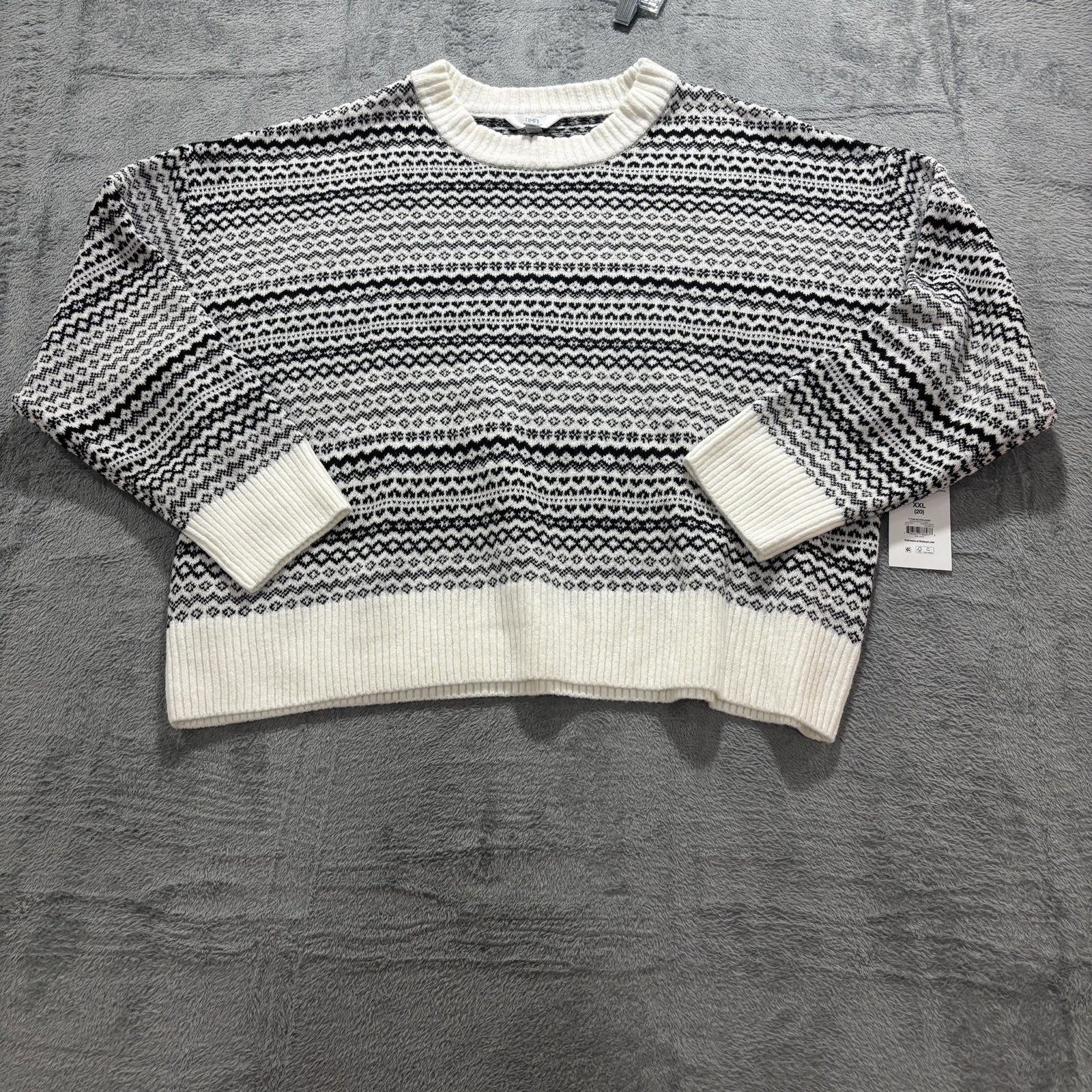 Time and Tru Womens XXL White Black Fair Isle Sweater Cozy Winter Nordic Plus