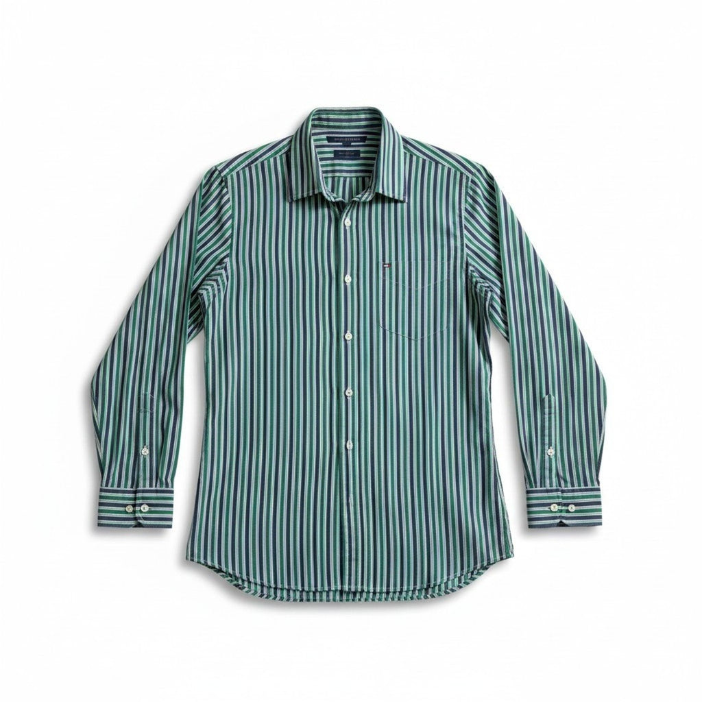 Tommy Hilfiger L Green Blue Striped Button Down Shirt Mens Custom Fit Preppy