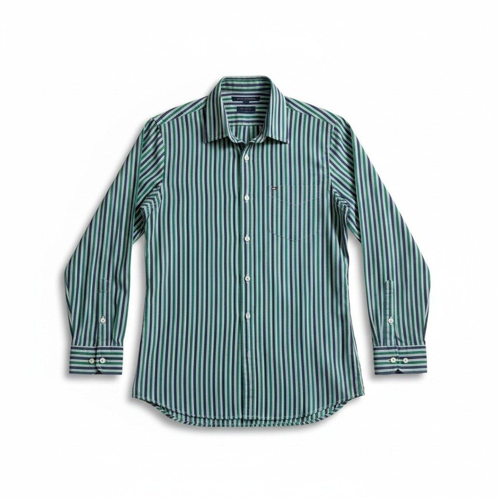 Tommy Hilfiger L Green Blue Striped Button Down Shirt Mens Custom Fit Preppy