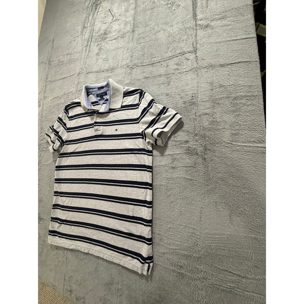 Tommy Hilfiger L Gray Navy Striped Slim Fit Polo Shirt Mens Preppy Casual