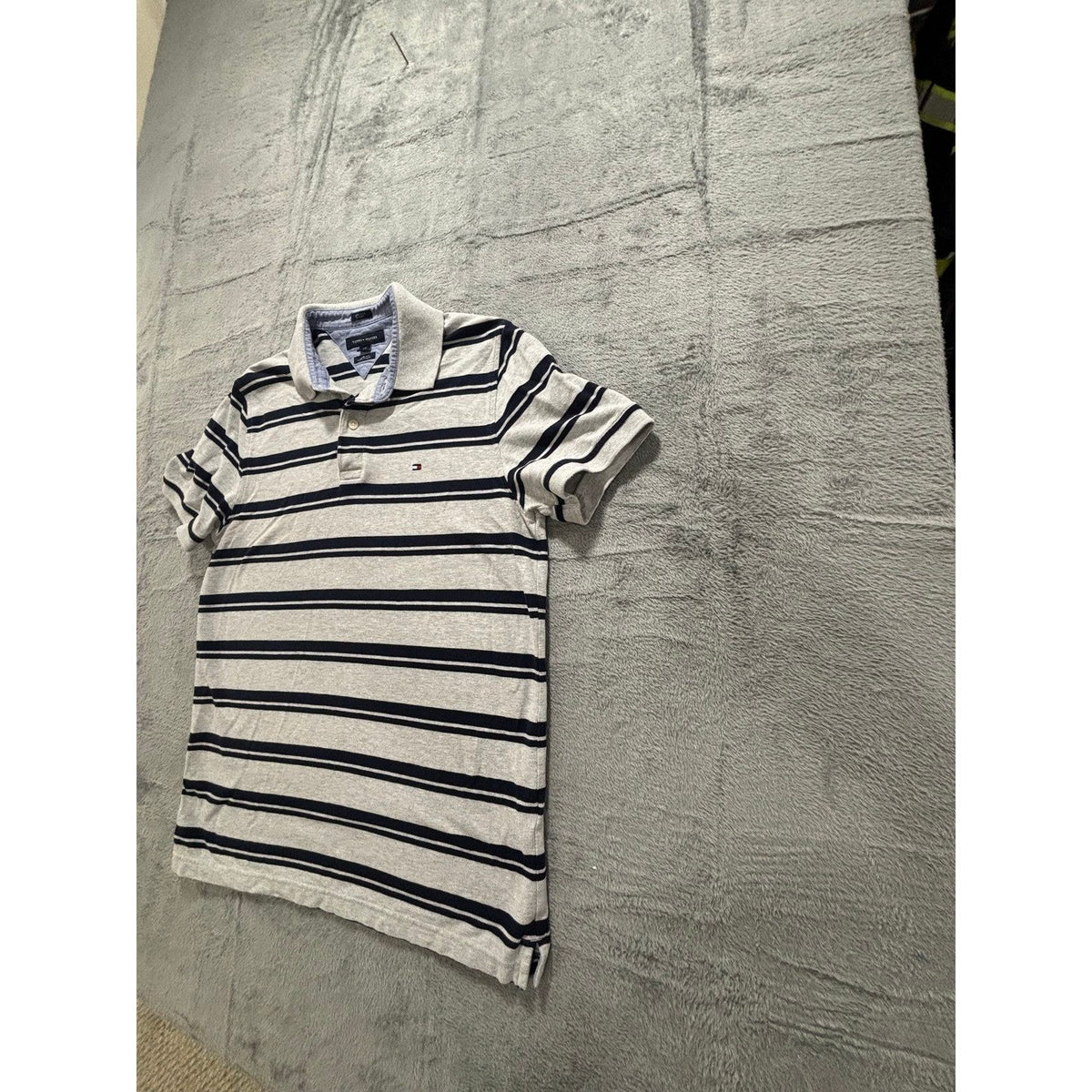 Tommy Hilfiger L Gray Navy Striped Slim Fit Polo Shirt Mens Preppy Casual