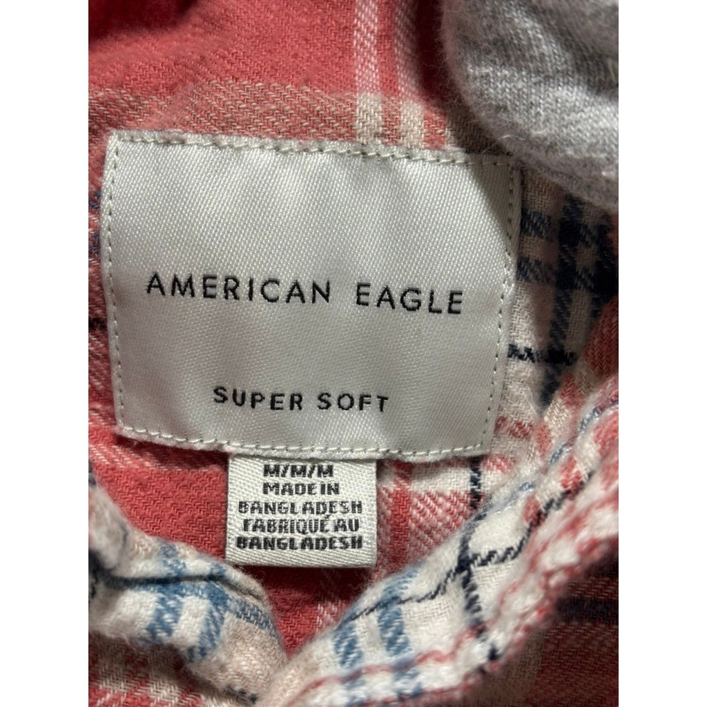 American Eagle Womens M Red Plaid Hooded Flannel Shirt Casual Vintage Cozy