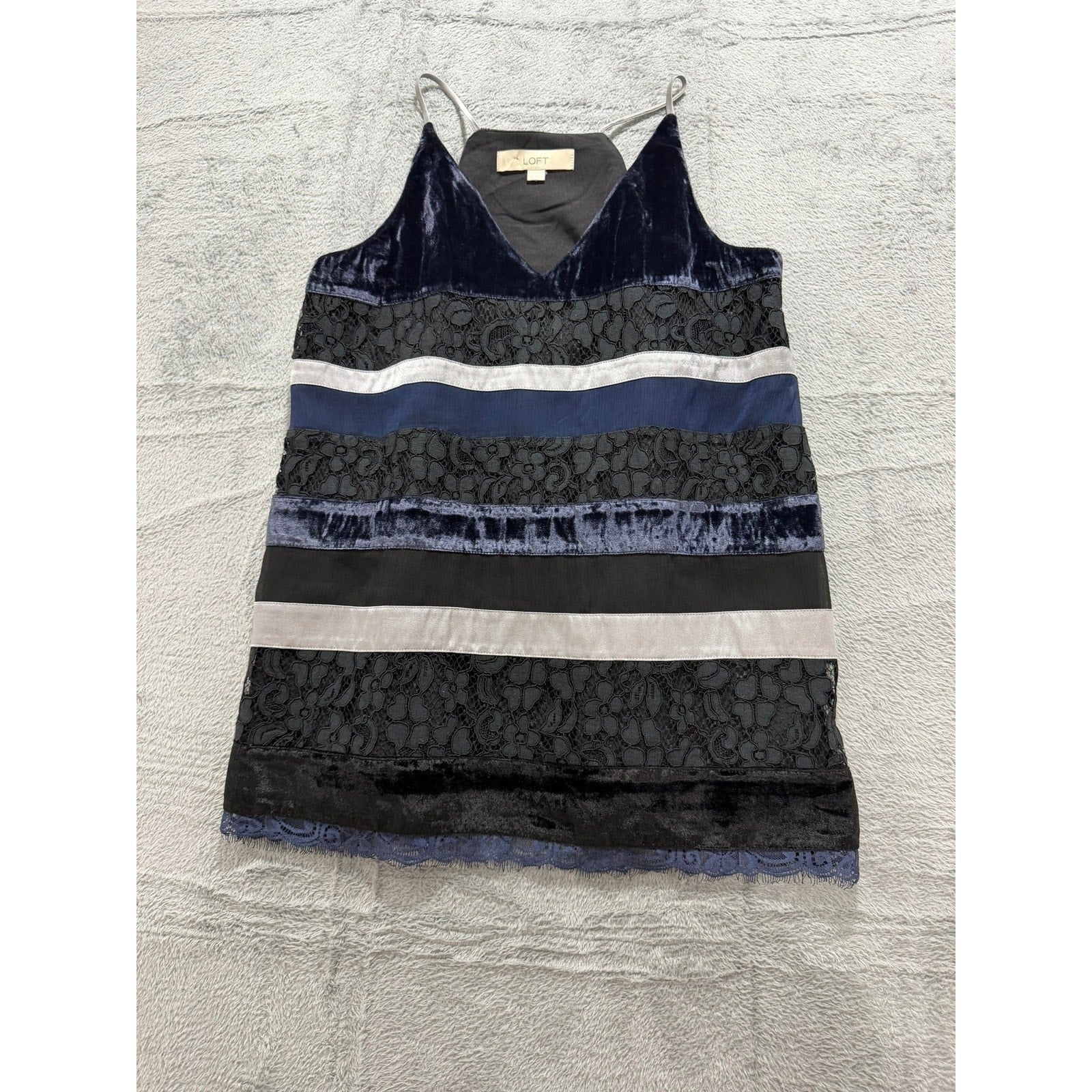LOFT Womens Velvet Lace Striped Camisole Top Navy Black Silver XS V-Neck Strap