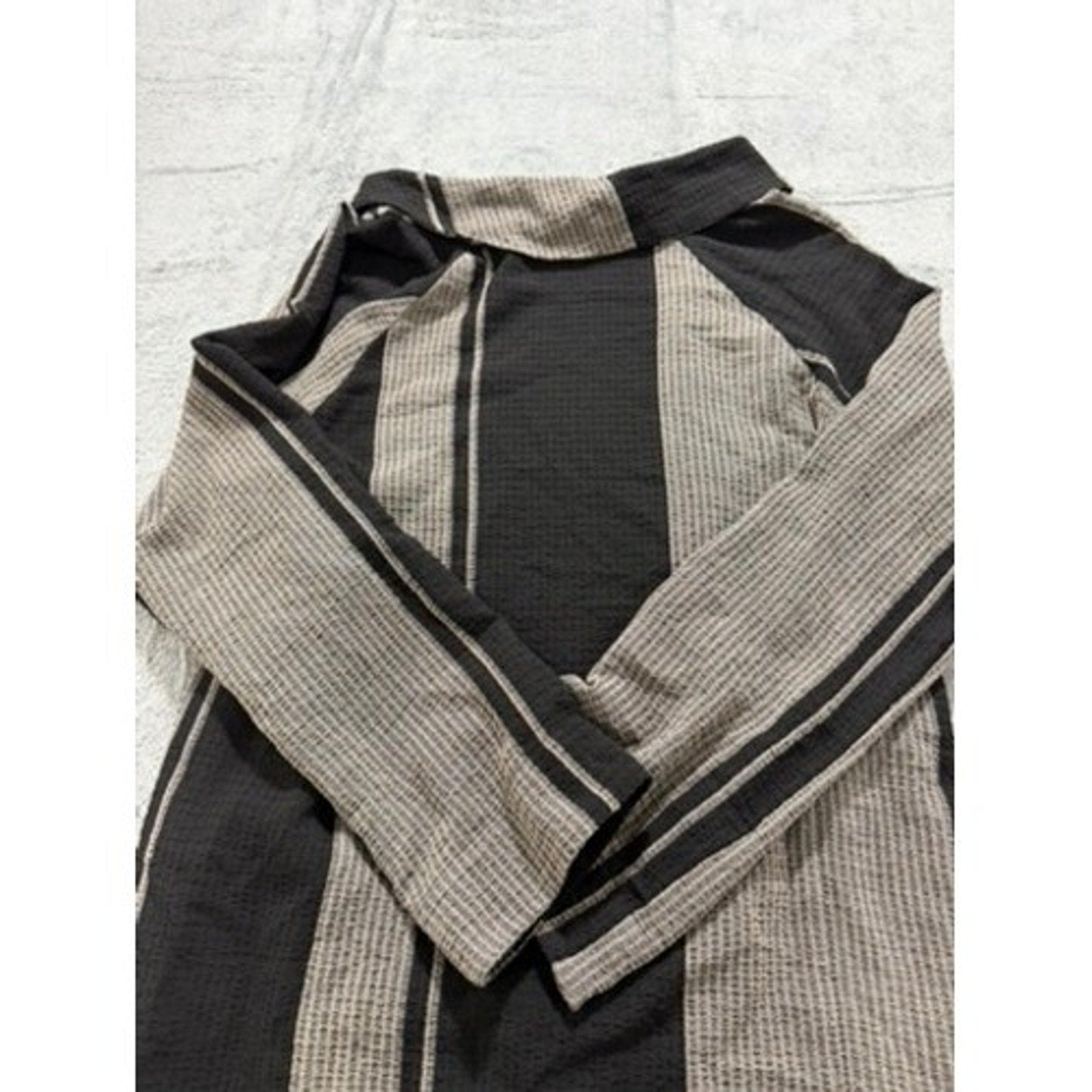 Soft Surroundings Womens Small Black Tan Striped Cowl Neck Tunic Zip Pockets