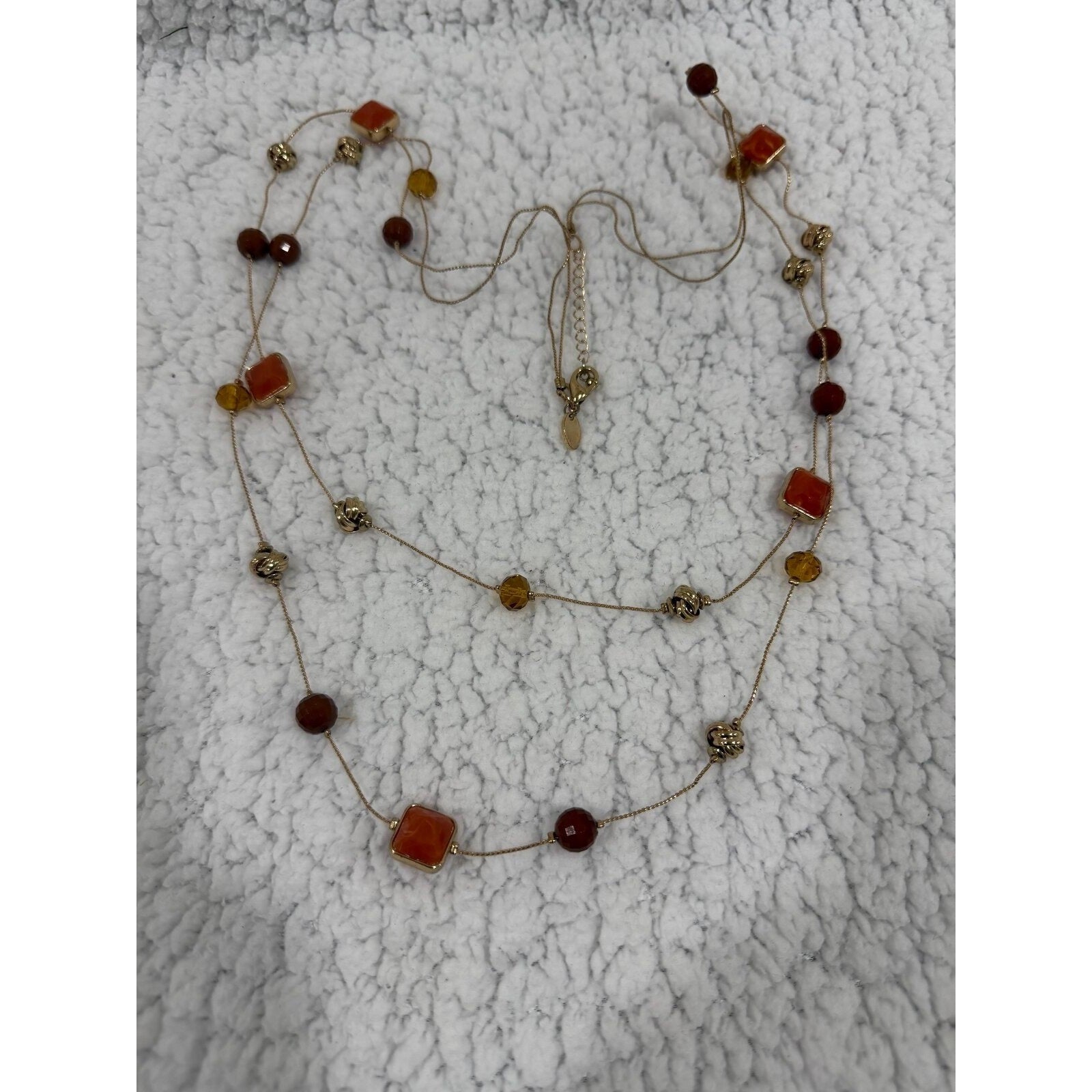 Chicos Womens OS Gold Orange Brown Beaded Double Layer Necklace Boho Casual