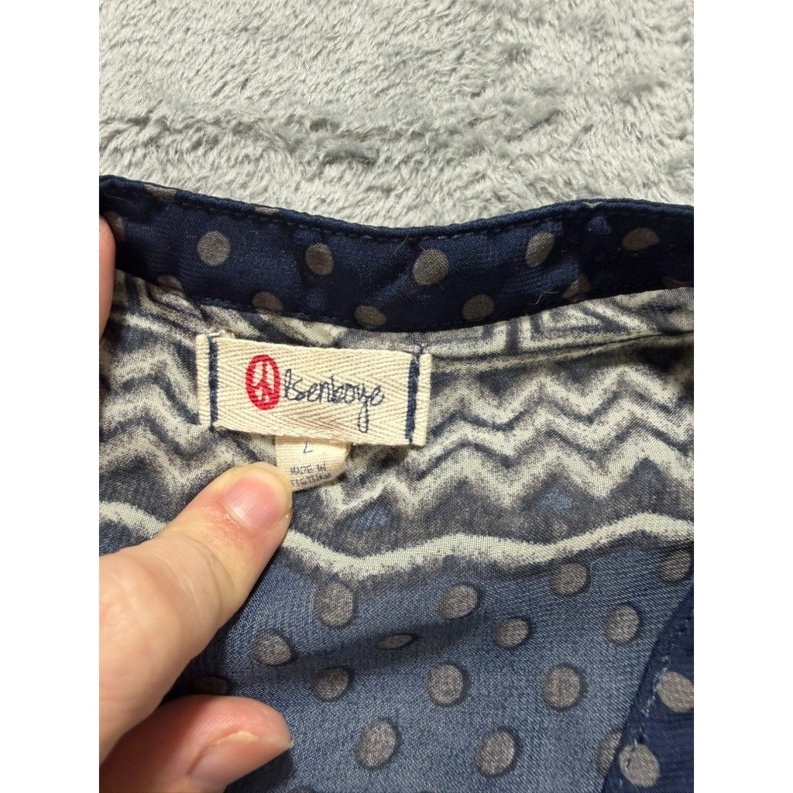 Olsenboye Boho Peplum Blouse Womens Large Blue Tribal Print Sheer Ruffle Top