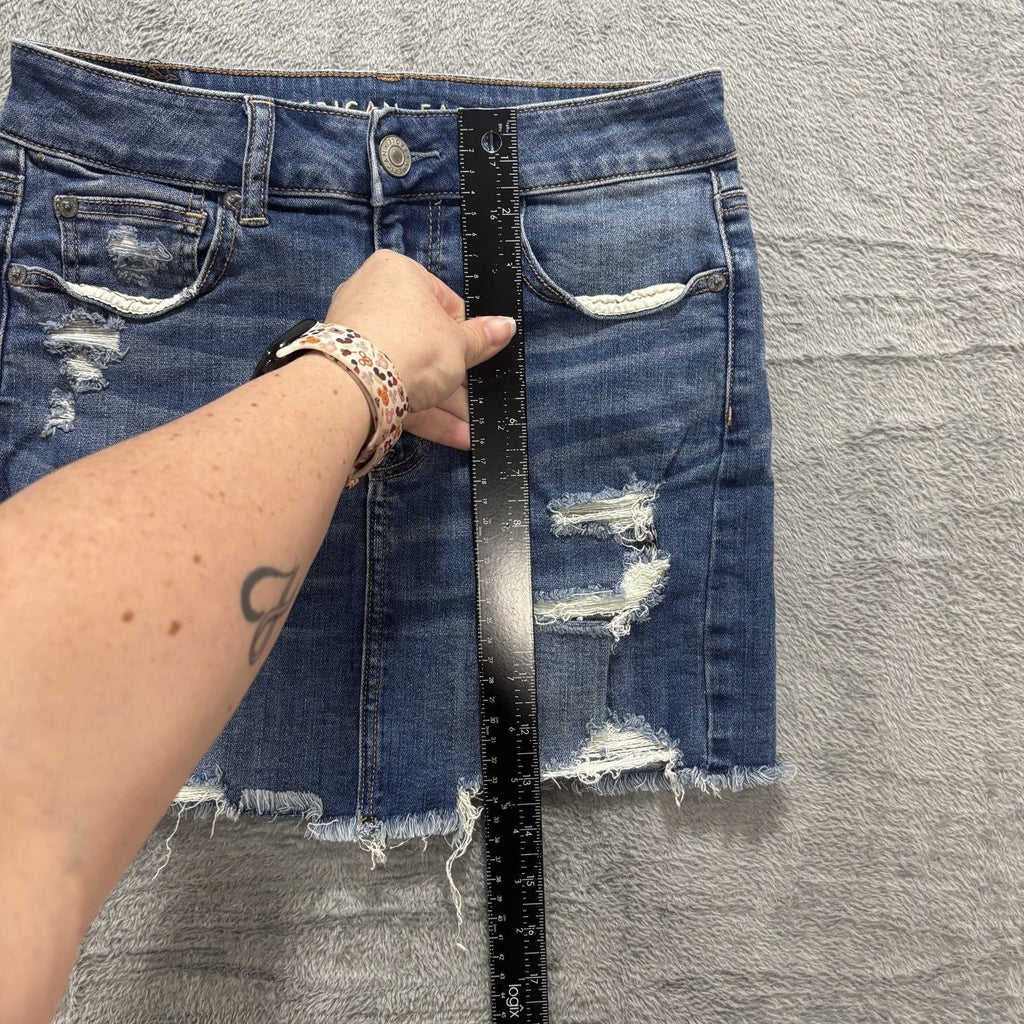 American Eagle 4 Blue Womens Distressed Denim Mini Skirt Raw Hem Casual Summer
