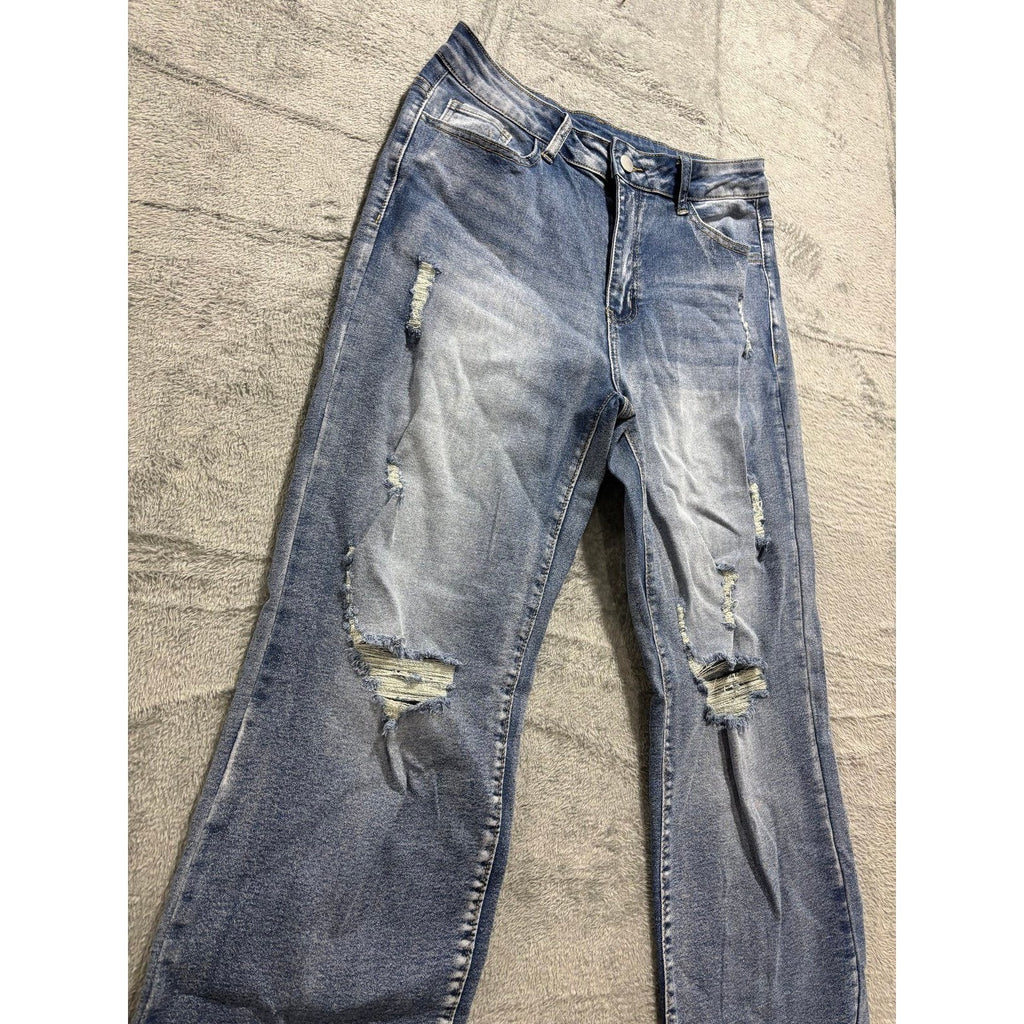 Womens L Blue Distressed Straight Leg Jeans Boho Casual Denim