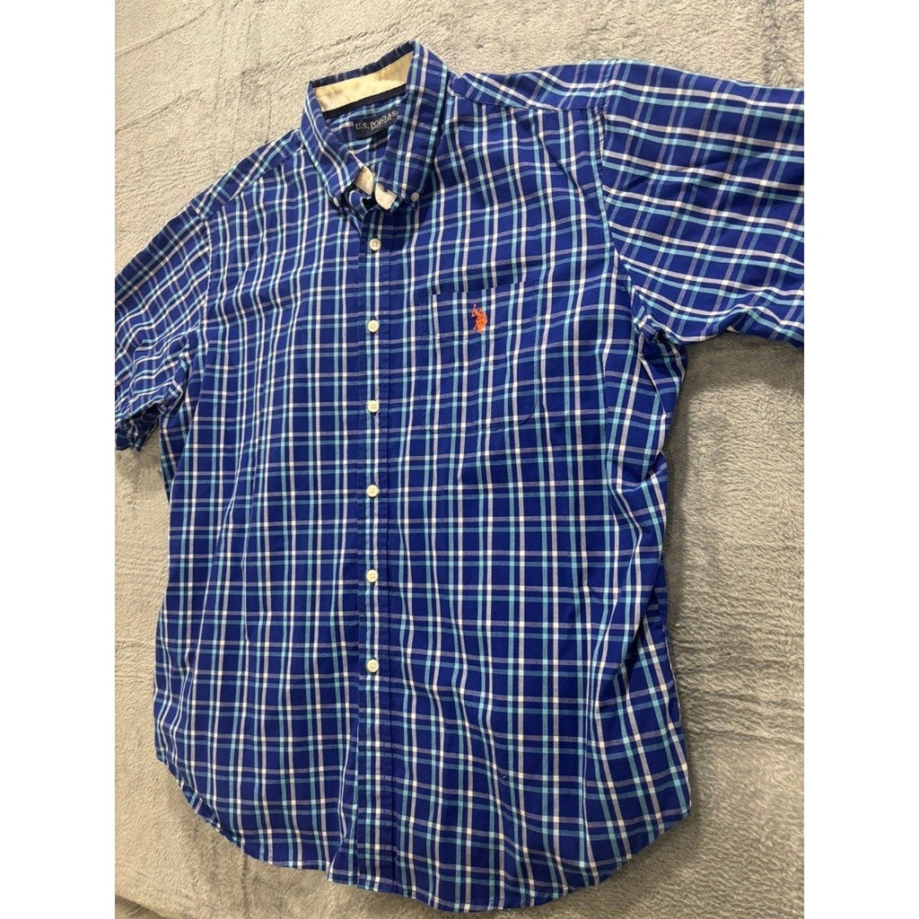 U.S. Polo Assn Shirt Mens XL Blue Plaid Short Sleeve Button Down Casual