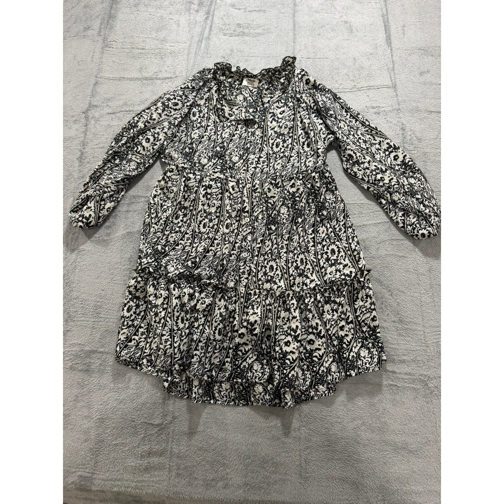 Made with Love Black White Paisley Floral Tiered Mini Dress Ruffle Neck LD3944 M