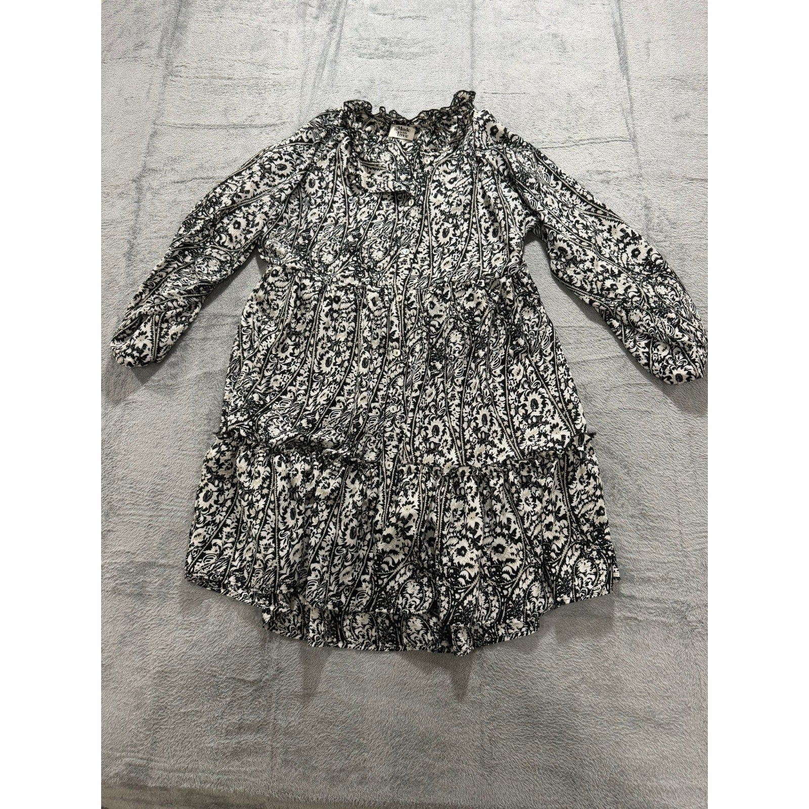 Made with Love Black White Paisley Floral Tiered Mini Dress Ruffle Neck LD3944 M