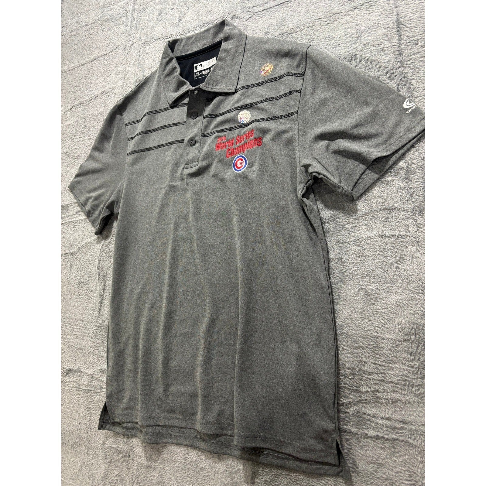 MLB Cubs Polo Shirt Mens LG Gray 2016 World Series Champions True Fan