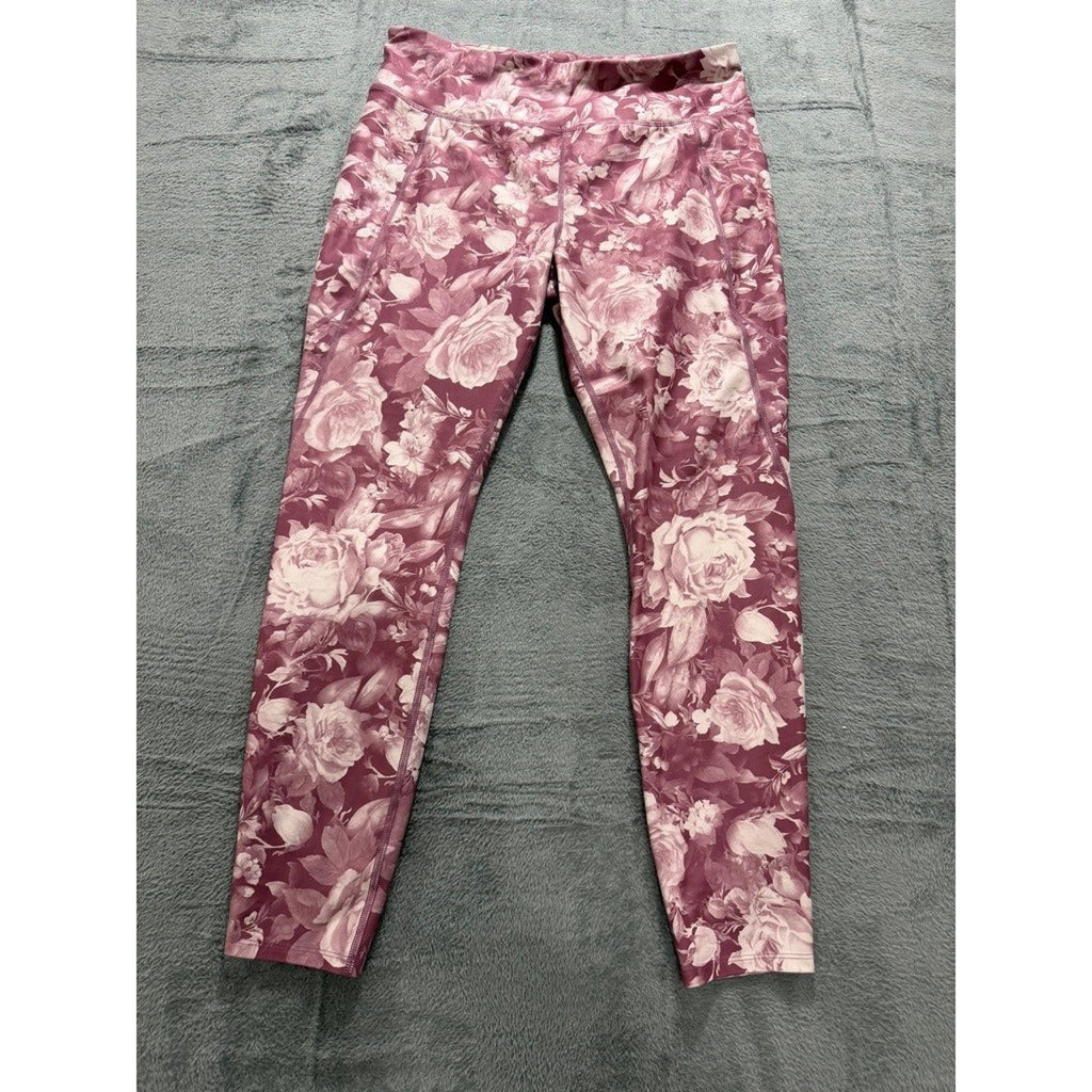 Athletic Works Womens XL Mauve Rose Floral High Waist Leggings Pockets Gym