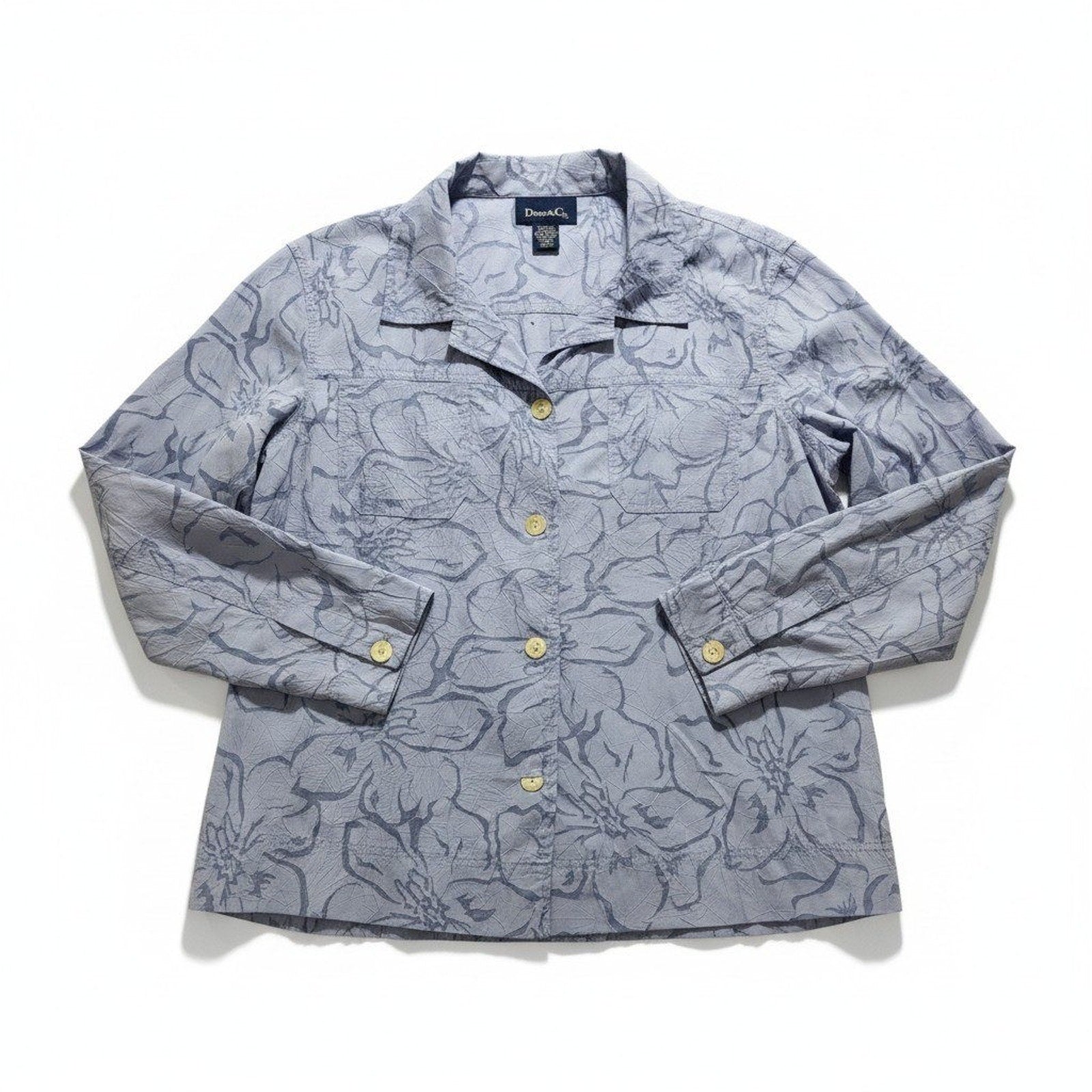 Denim & Co. L Blue Floral Button Down Shirt Womens Casual Coastal Vintage