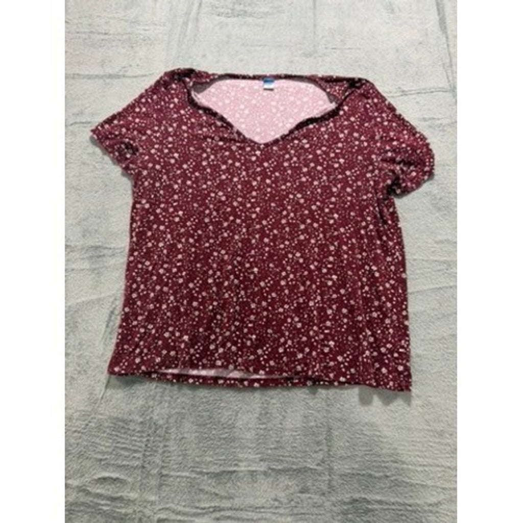 Old Navy Luxe Womens Large Burgundy Floral V-Neck Puff Short Sleeve Top Shirt