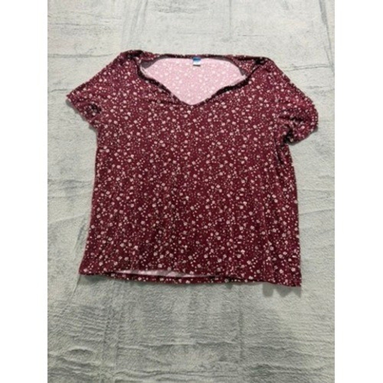 Old Navy Luxe Womens Large Burgundy Floral V-Neck Puff Short Sleeve Top Shirt