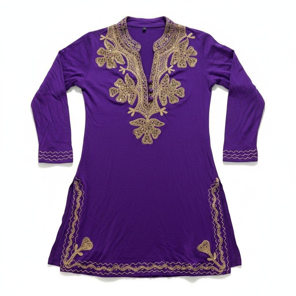 Womens L Purple Embroidered Gold Sequin Tunic Top Boho Festival Casual
