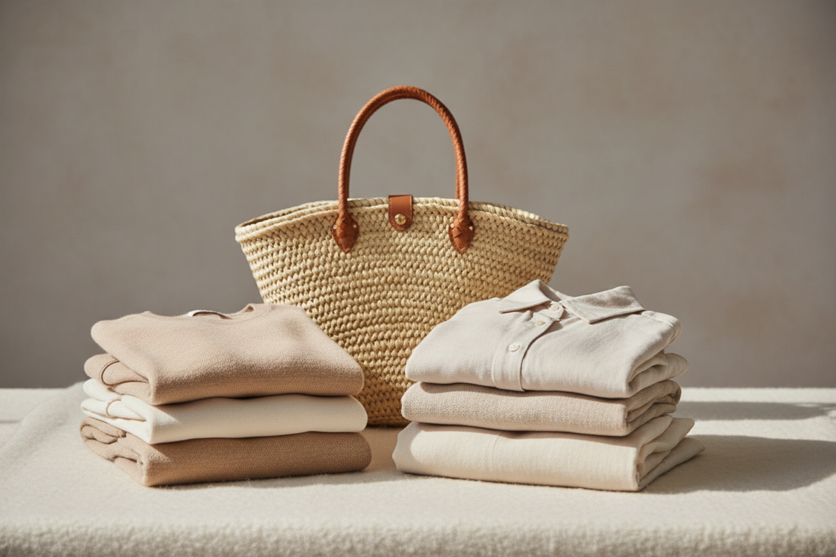Boutique flat-lay with folded clothes and woven tote