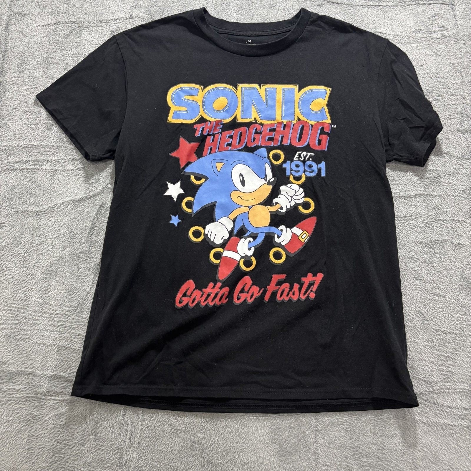 Sonic The Hedgehog L Black Graphic T-Shirt Womens Vintage Casual Retro Tee