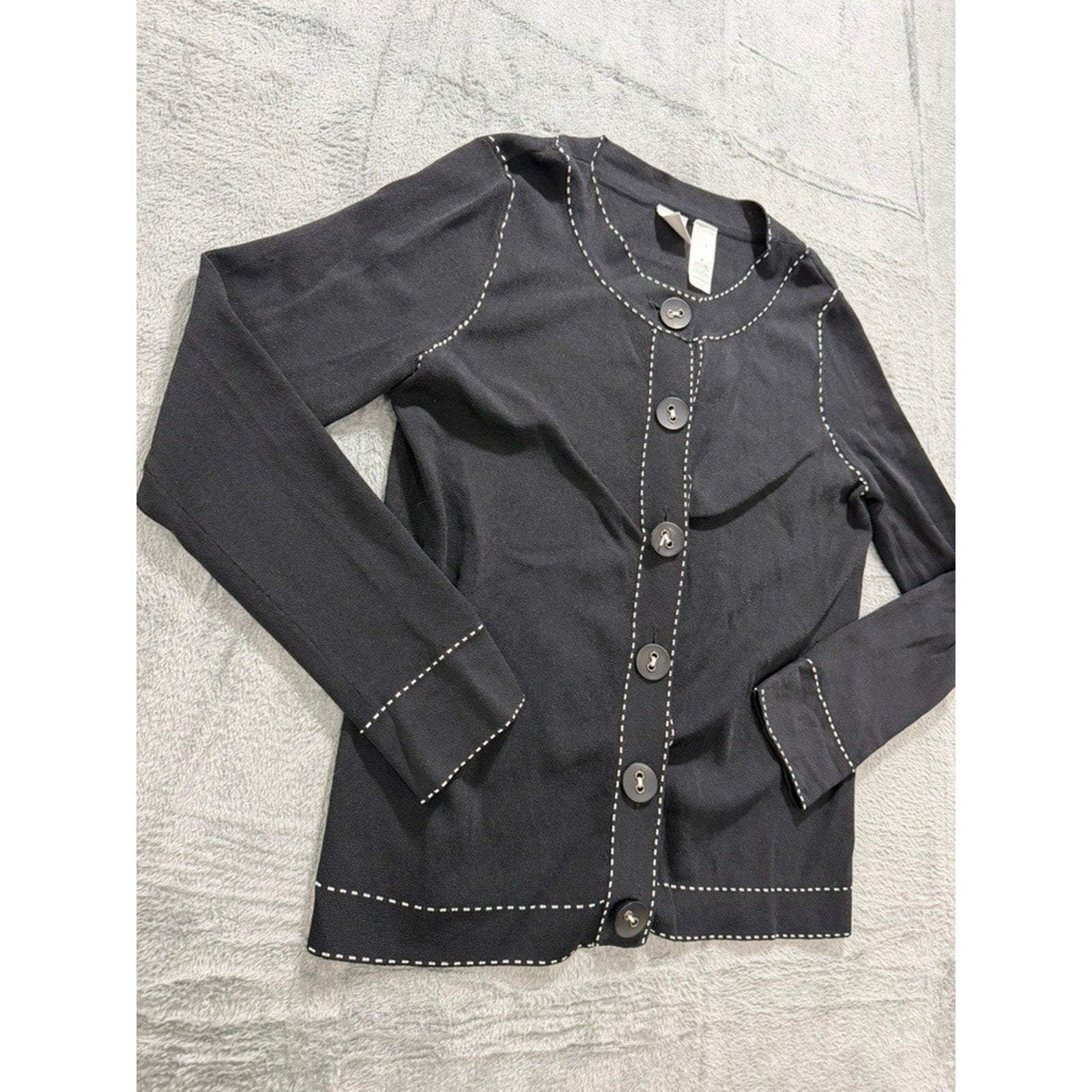 Emma James Cardigan Sweater Womens Medium Black Contrast Stitch Button Up