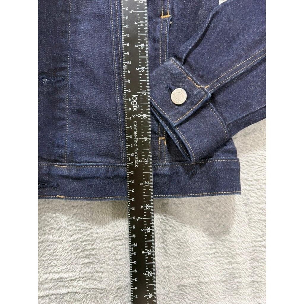 Calvin Klein Jeans Womens Small Dark Indigo Denim Trucker Jacket Red Logo Back