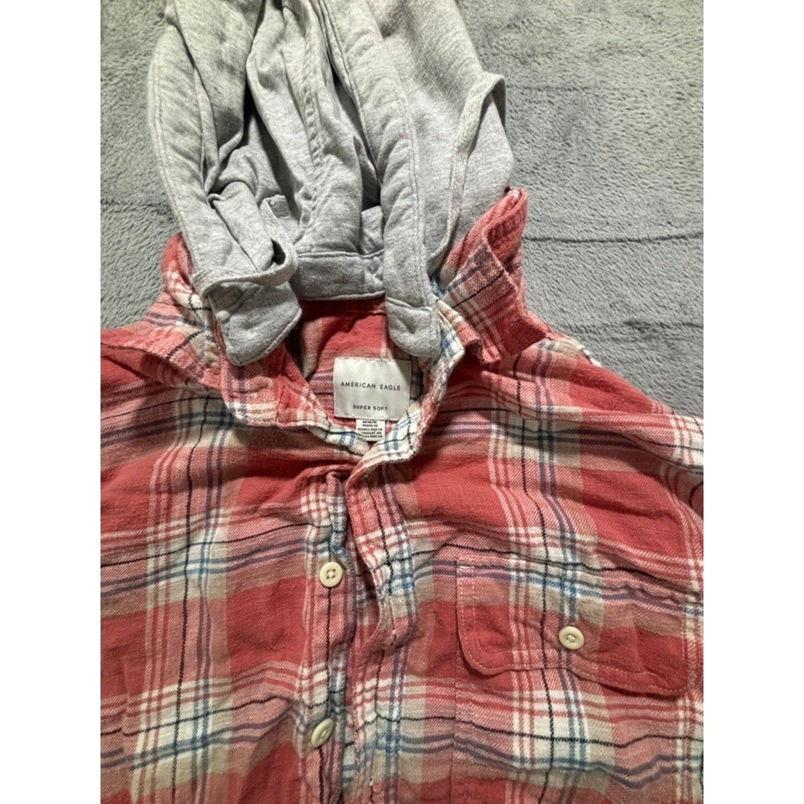 American Eagle Womens M Red Plaid Hooded Flannel Shirt Casual Vintage Cozy