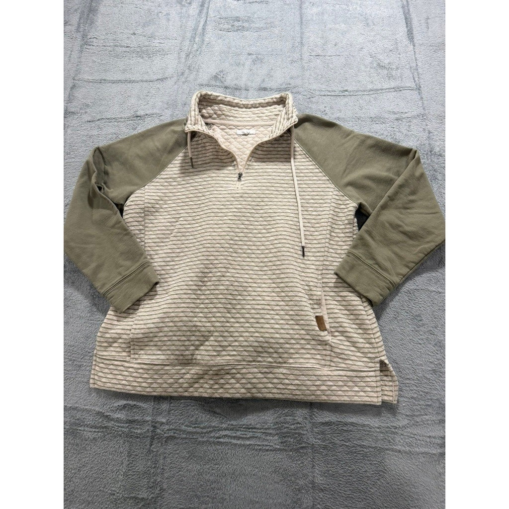 Maurices Womens Quilted Quarter Zip Pullover Sage Green Striped Size L Pocket