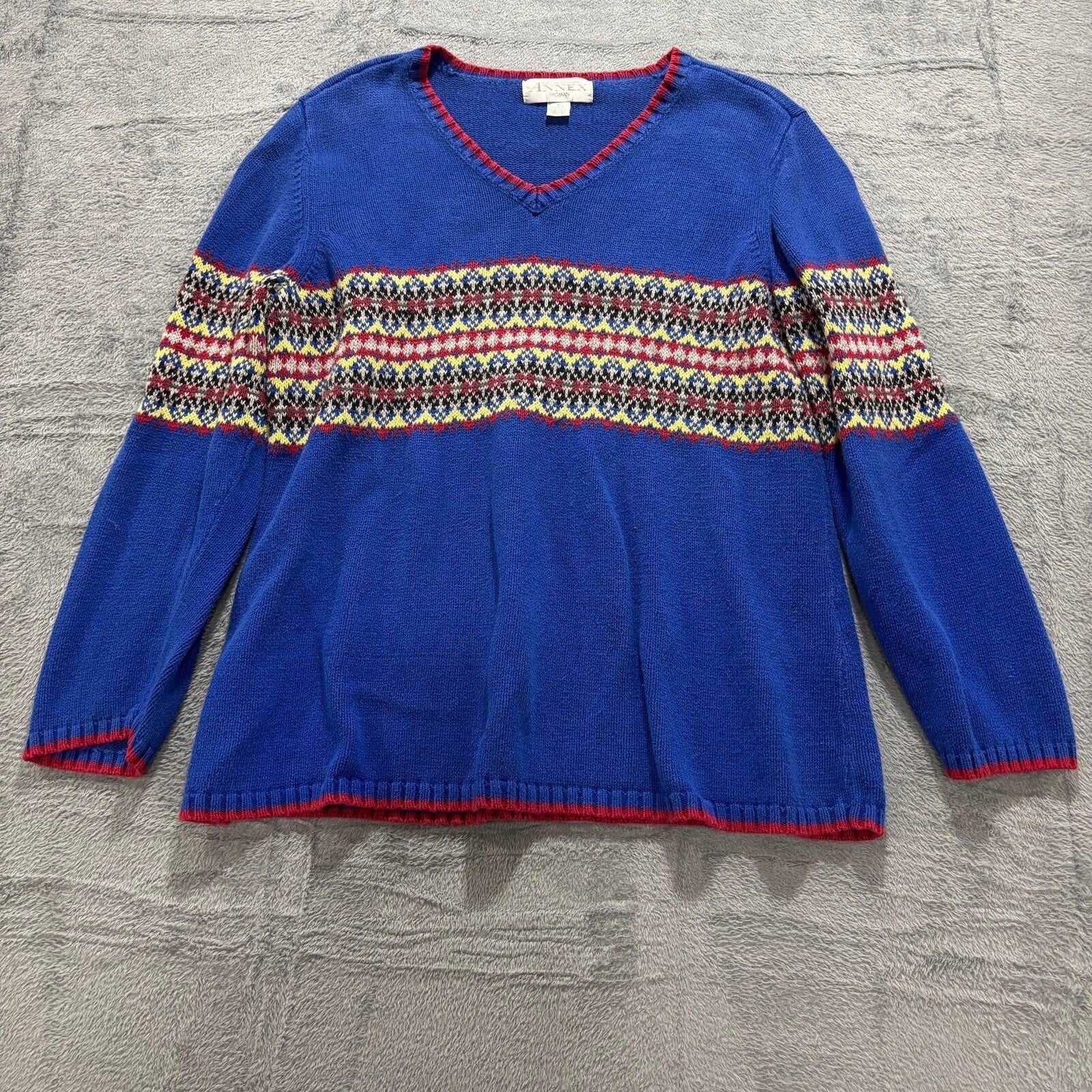 Casual Corner Annex Womens 1X Blue Fair Isle V-Neck Sweater Vintage Boho Cotton