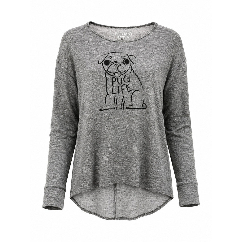 Bethany Mota Pug Life Graphic Knit Top Womens Medium Gray Casual Cute