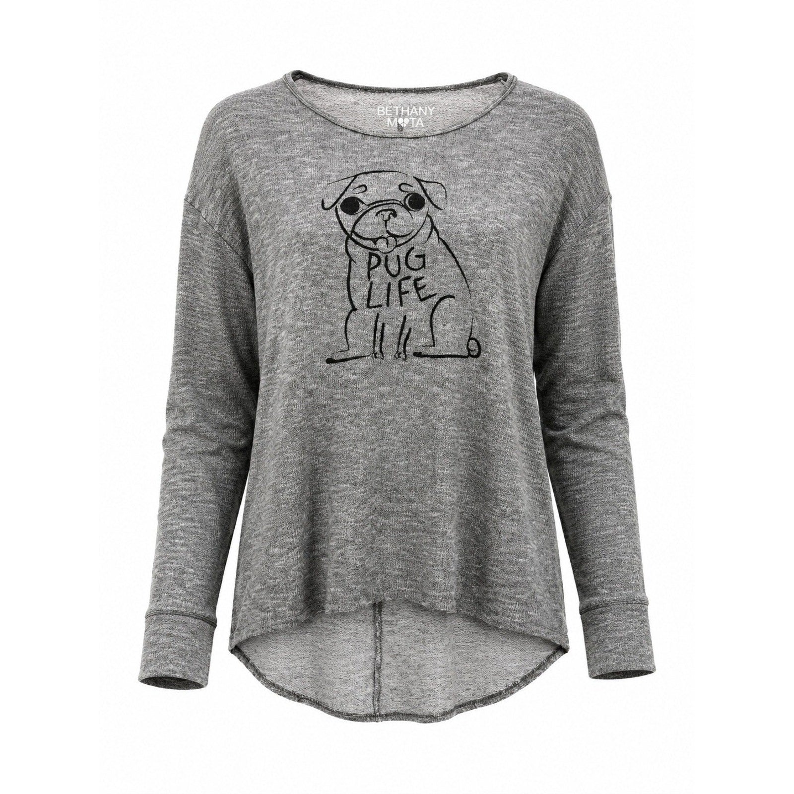 Bethany Mota Pug Life Graphic Knit Top Womens Medium Gray Casual Cute
